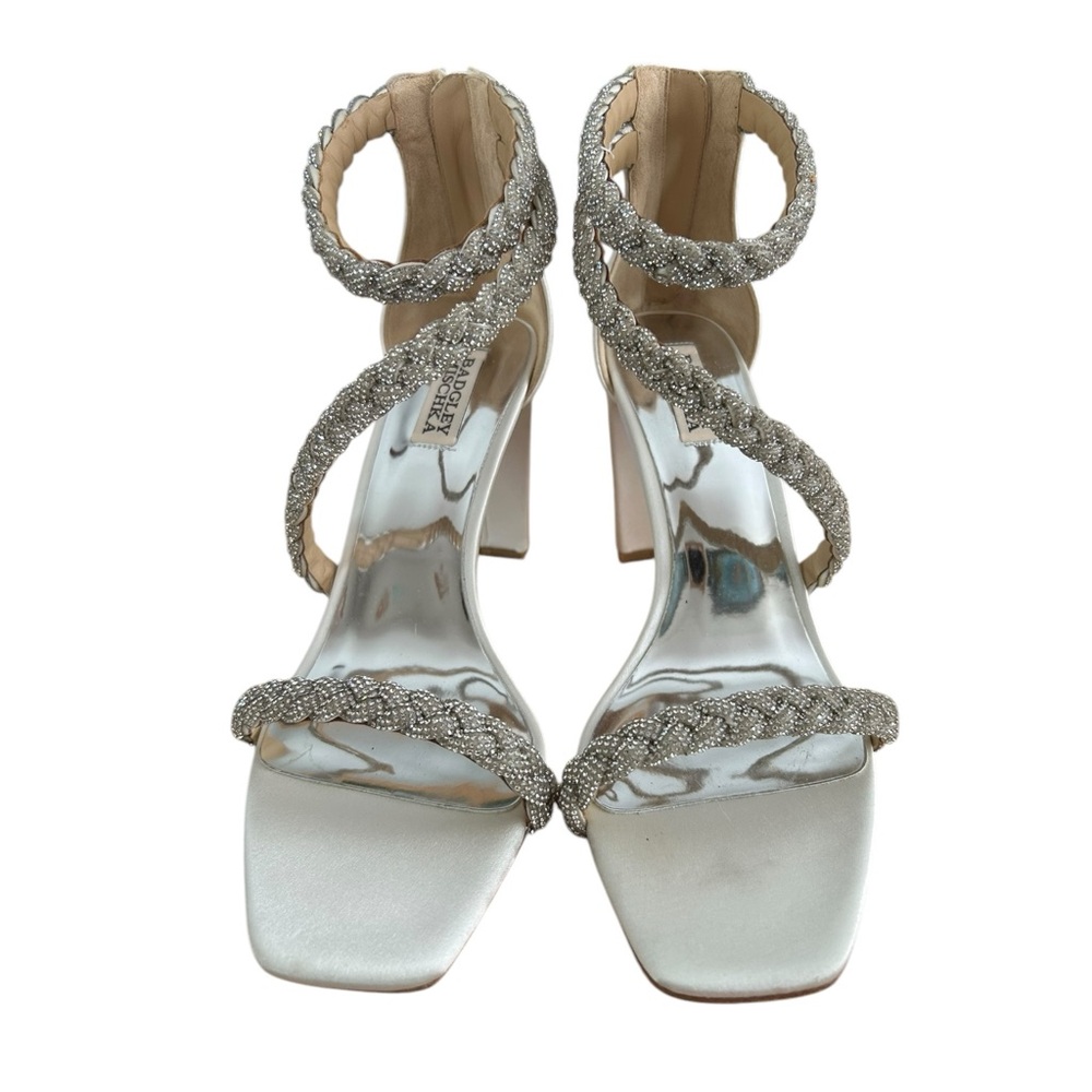 Badgley Mischka Fenix White Satin Jeweled Elegant Strappy Heels